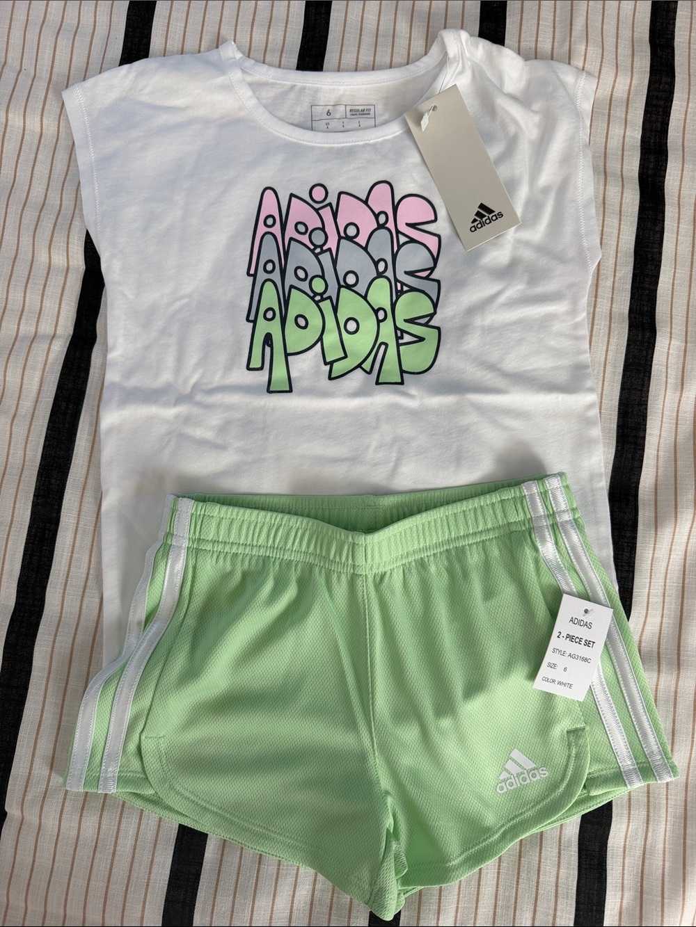 adidas White Tee with Pastel Graphic & Light Green Athletic Shorts